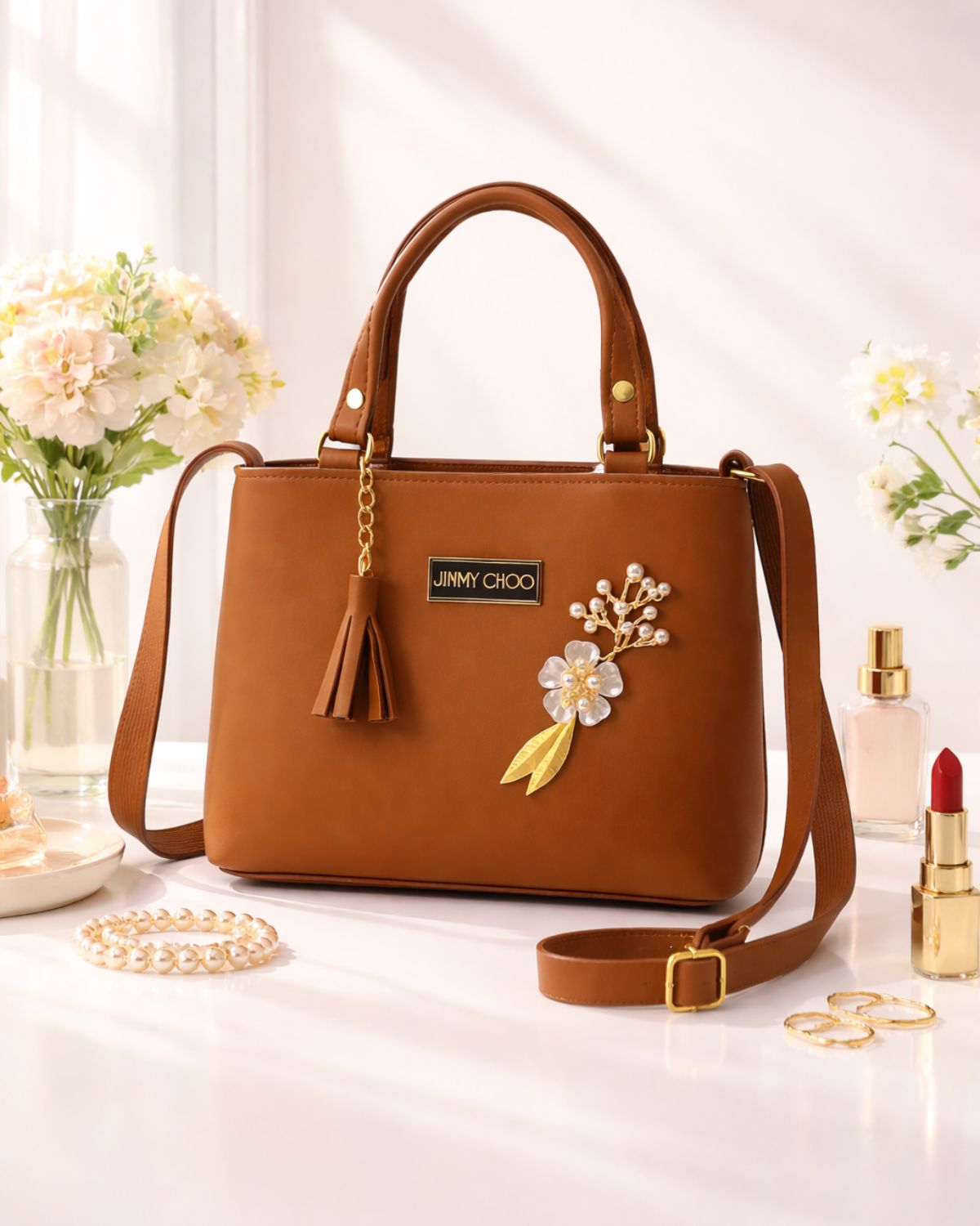 Floral Charm Shoulder Bag – Classic Brown