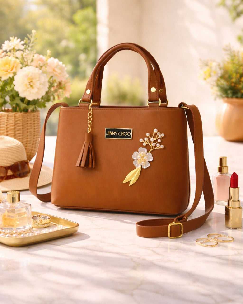 Floral Charm Shoulder Bag – Classic Brown