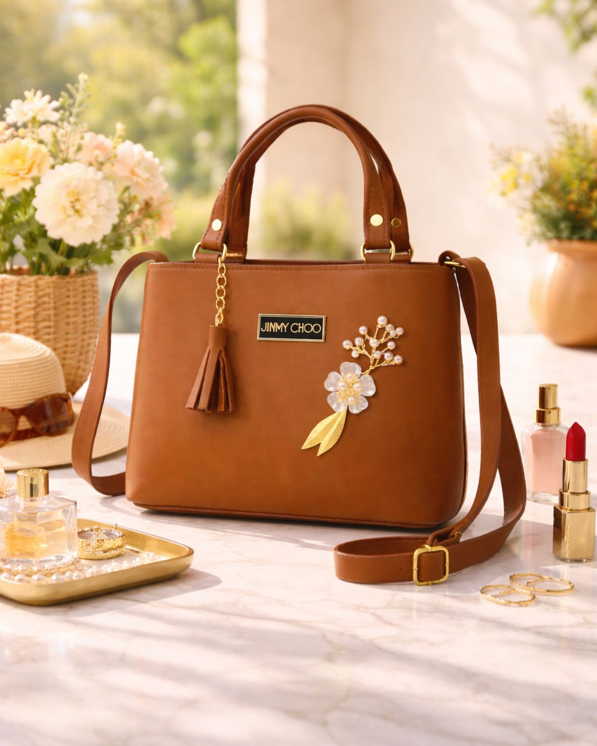 Floral Charm Shoulder Bag – Classic Brown