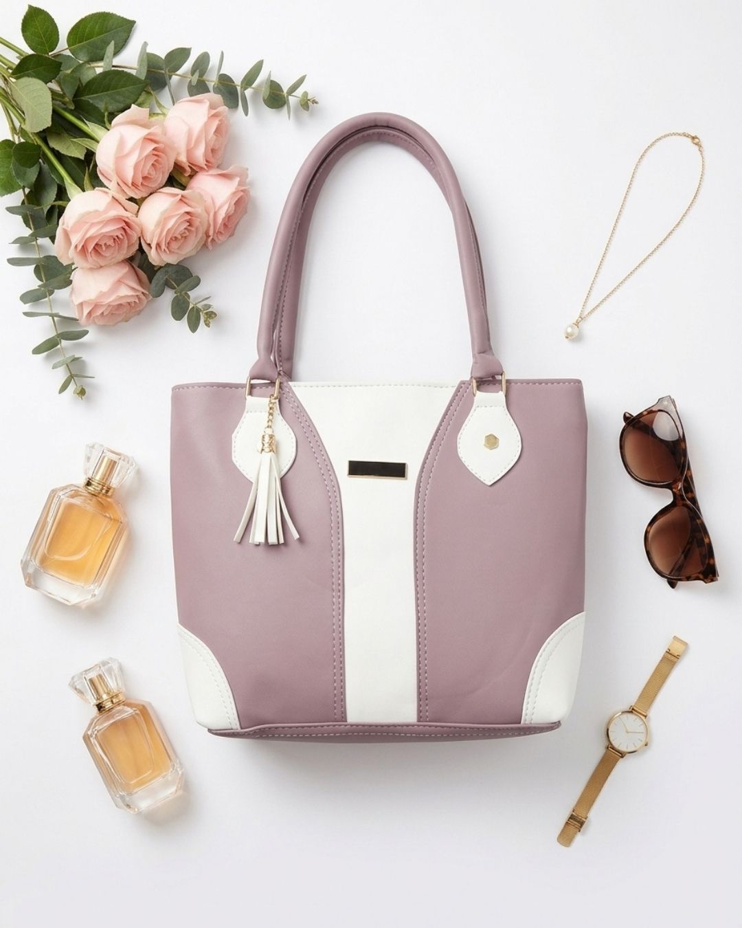 Mauve & White Tassel Tote