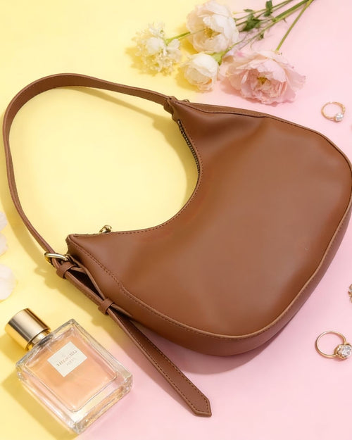 Elegant Brown Moon-Shape Handbag for Women – Modern Chic Style