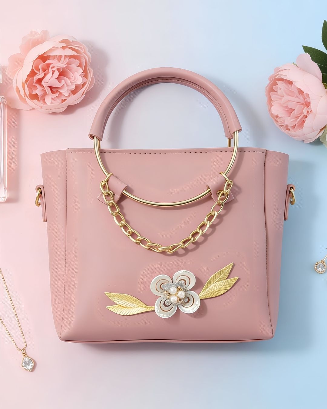 Blush Pink Floral Chain- Mini Tote Hand Bag