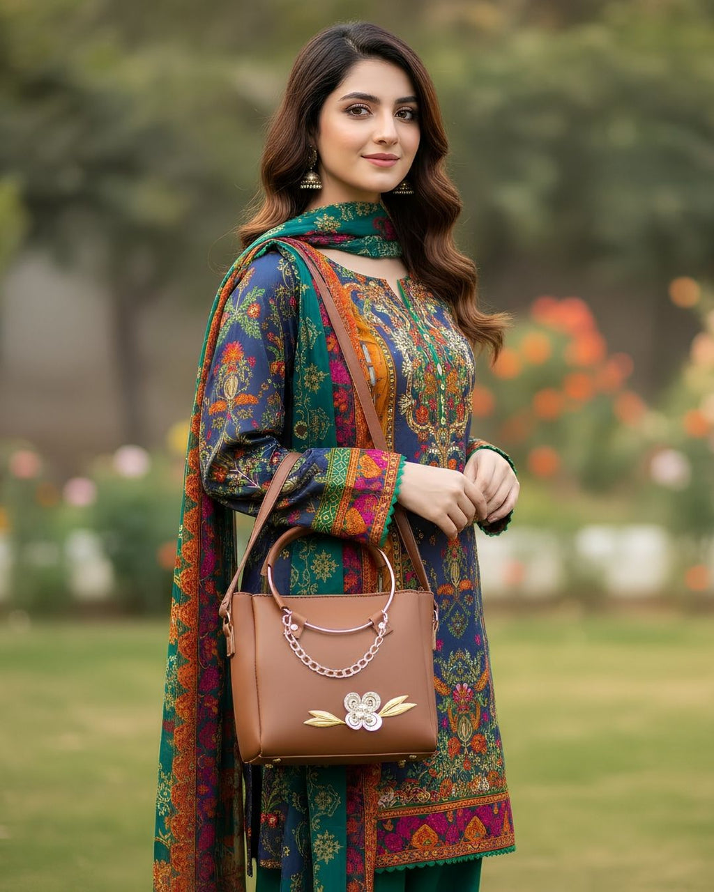 Blush Brown Floral Chain- Mini Tote Hand Bag