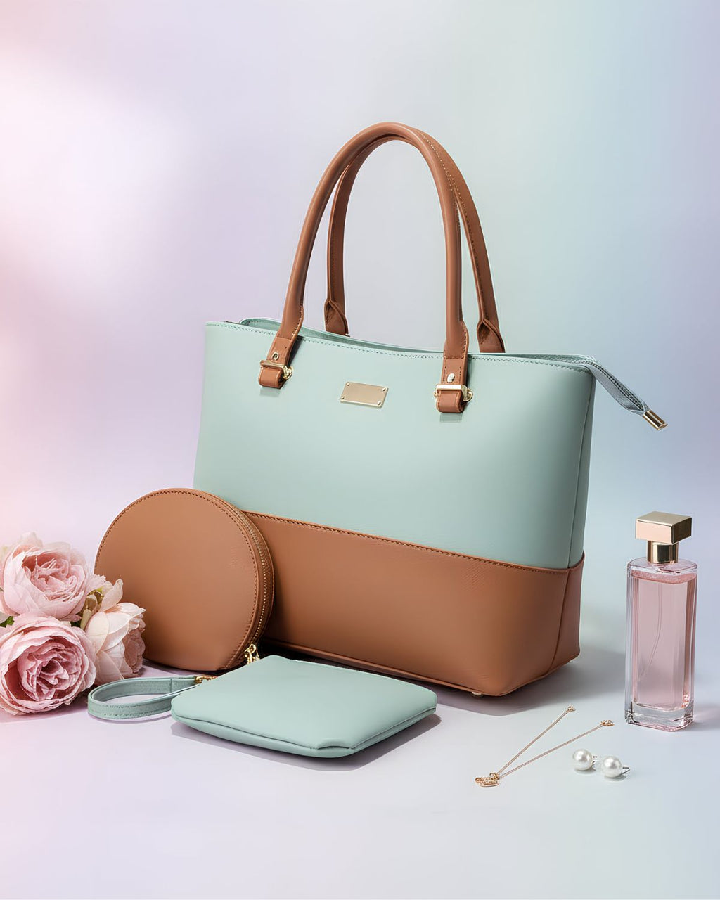 Ideal Turquoise Blue And Mustered 3pc Tote bag