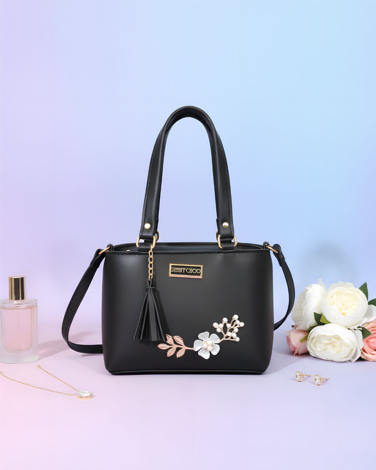 Floral Charm Shoulder Bag – Classic Black