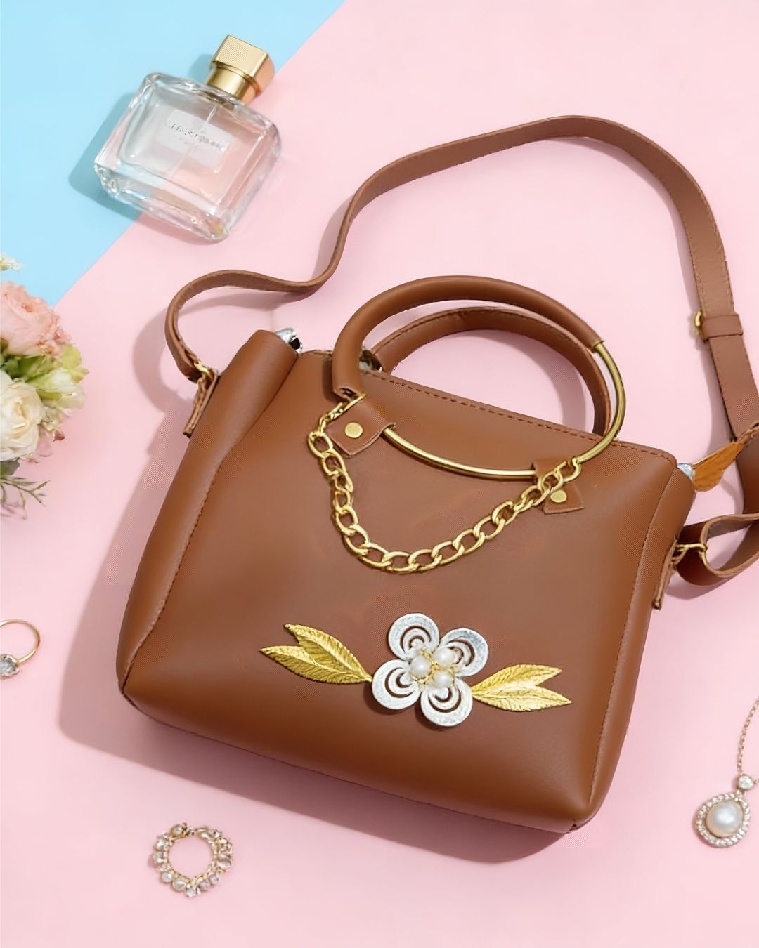 Blush Brown Floral Chain- Mini Tote Hand Bag