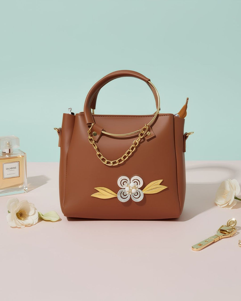 Blush Brown Floral Chain- Mini Tote Hand Bag