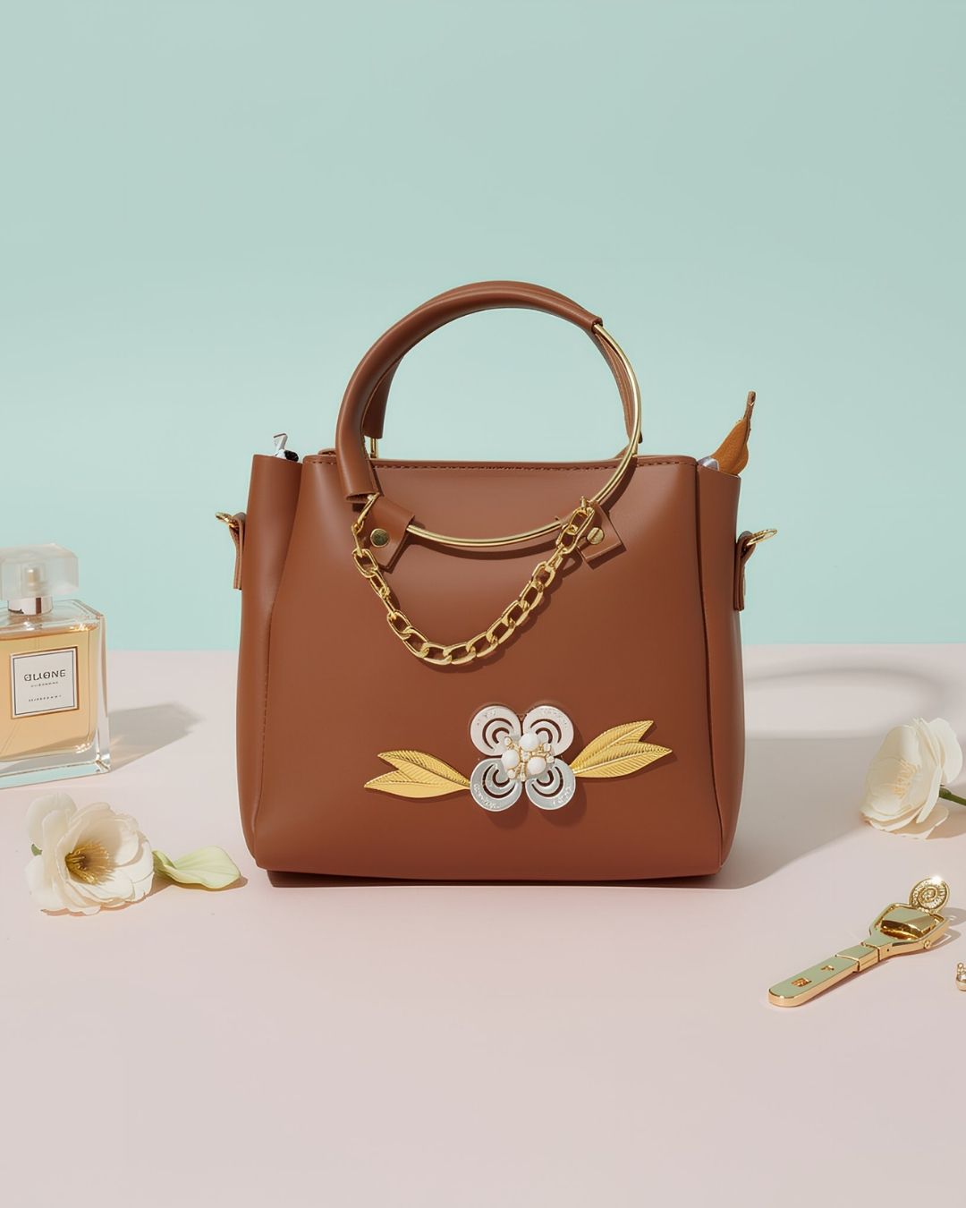 Blush Brown Floral Chain- Mini Tote Hand Bag