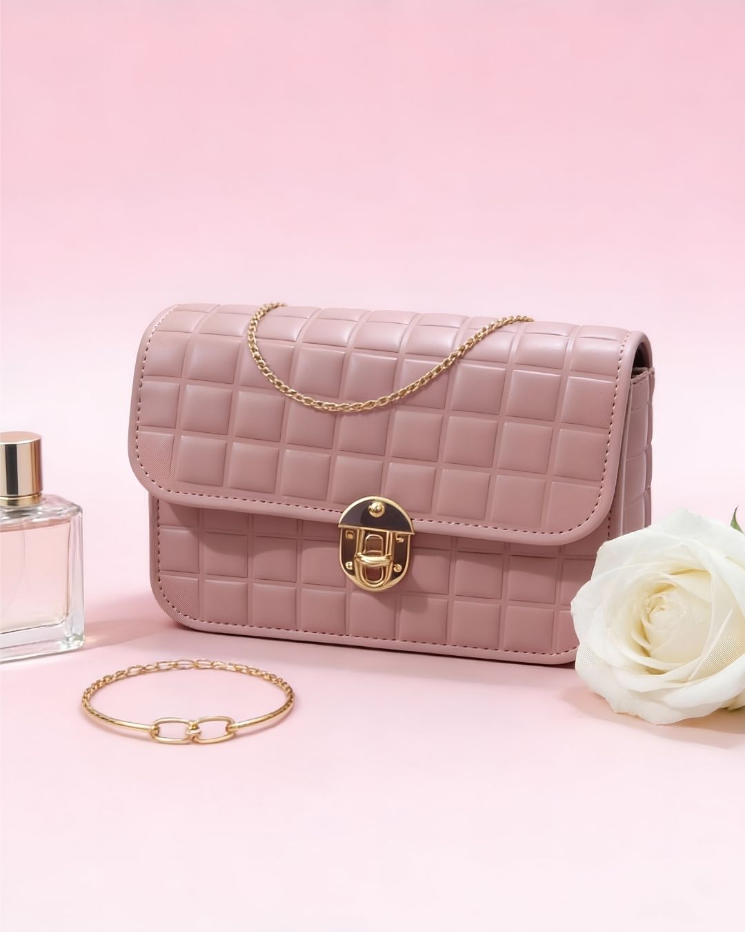Stylish Pink Quilted Crossbody Shoulder Bag