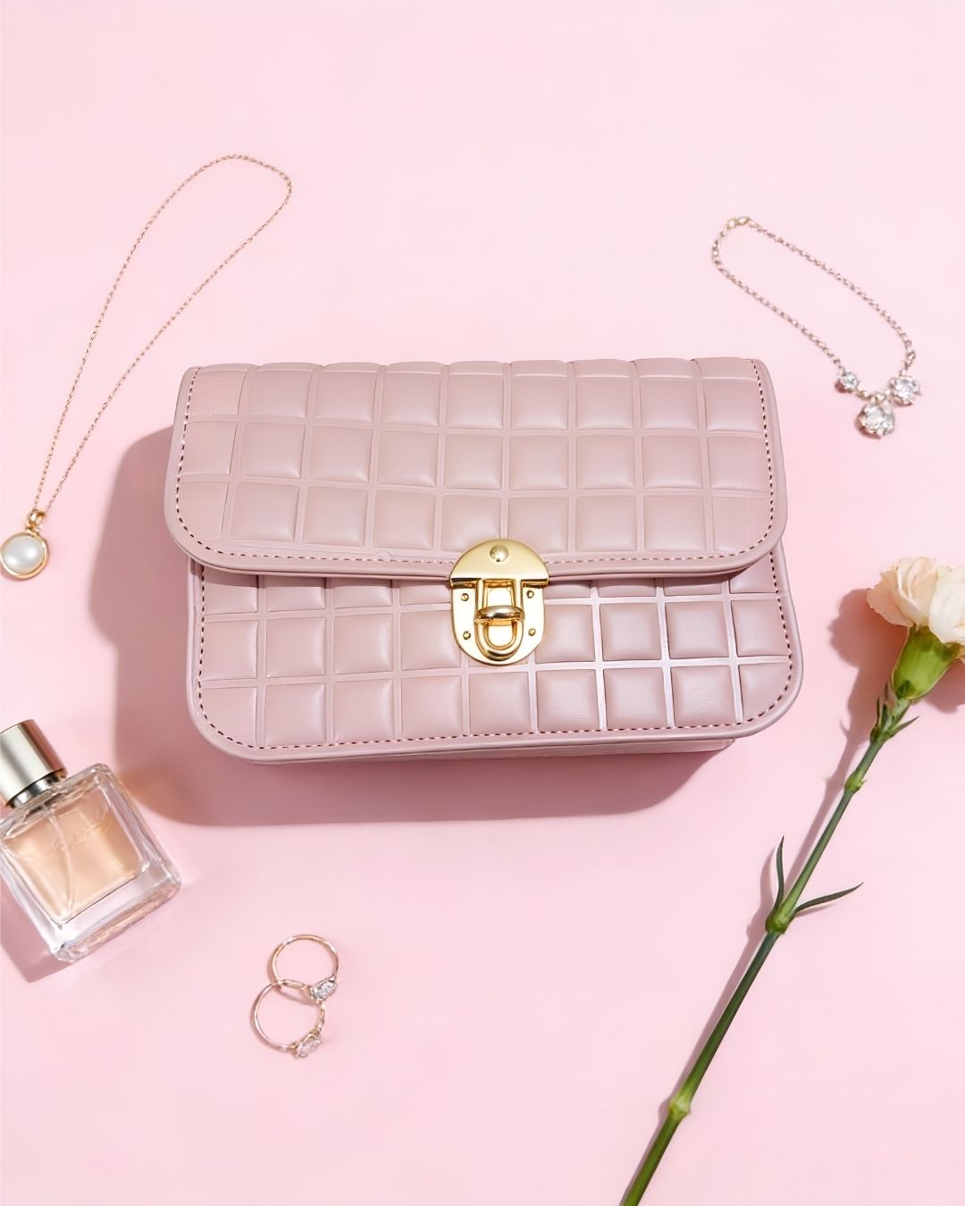 Stylish Pink Quilted Crossbody Shoulder Bag