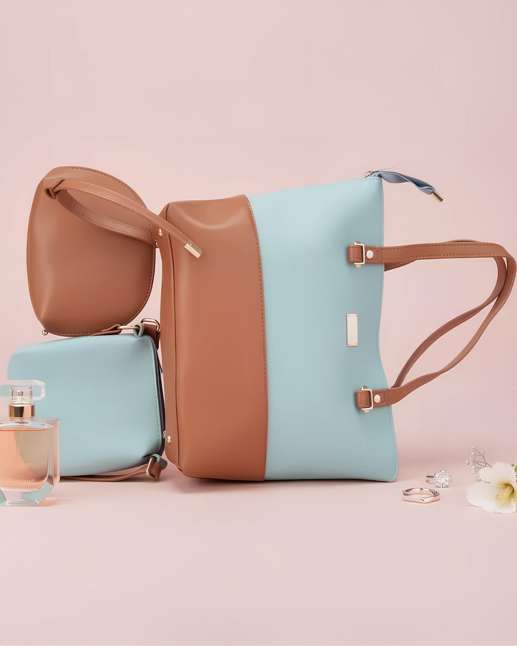 Ideal Turquoise Blue And Mustered 3pc Tote bag