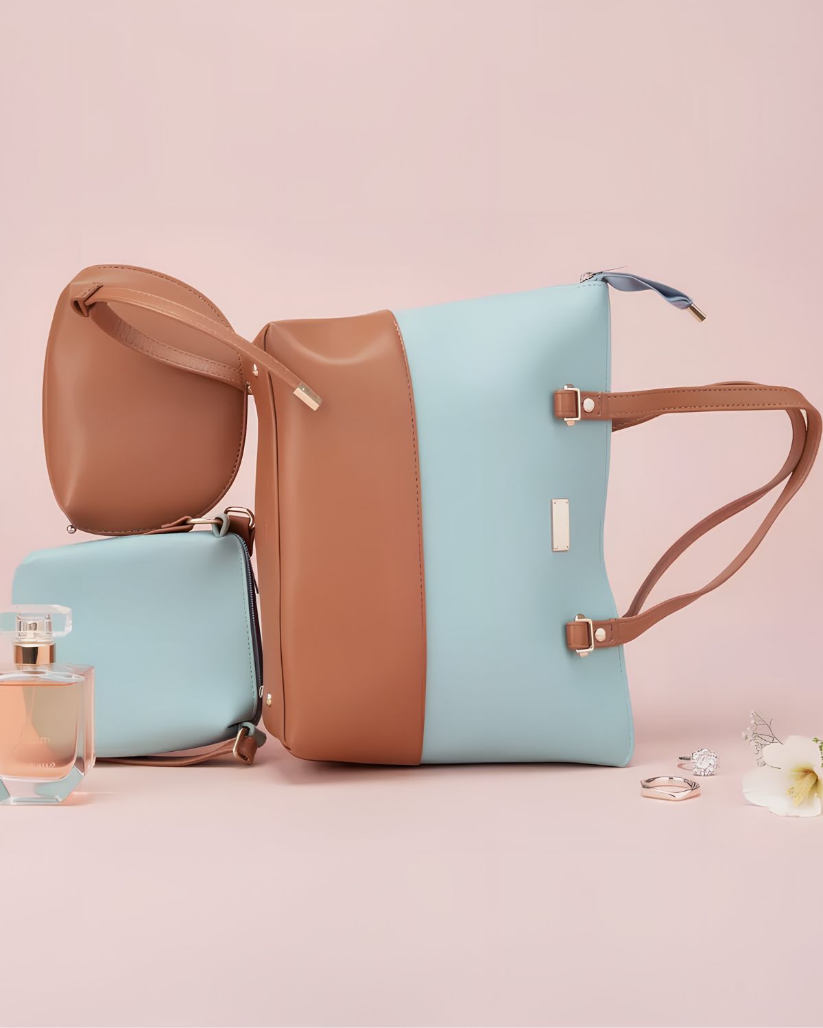 Ideal Turquoise Blue And Mustered 3pc Tote bag