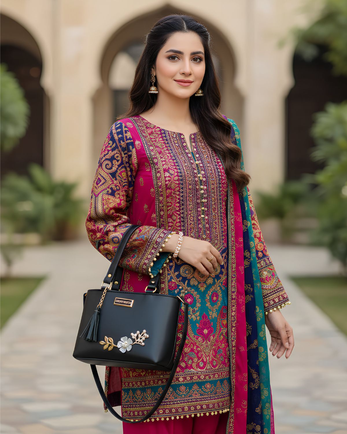 Floral Charm Shoulder Bag – Classic Black
