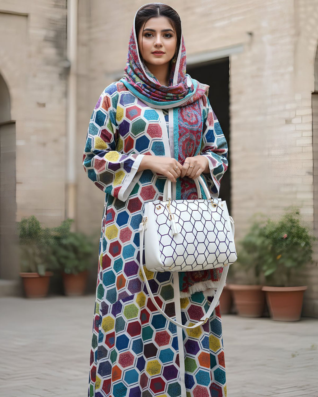 Elegant White Geometric Bag for Women's