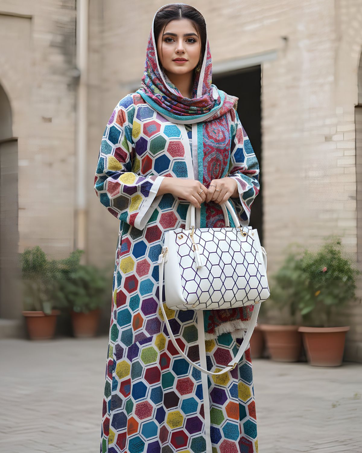 Elegant White Geometric Bag for Women's