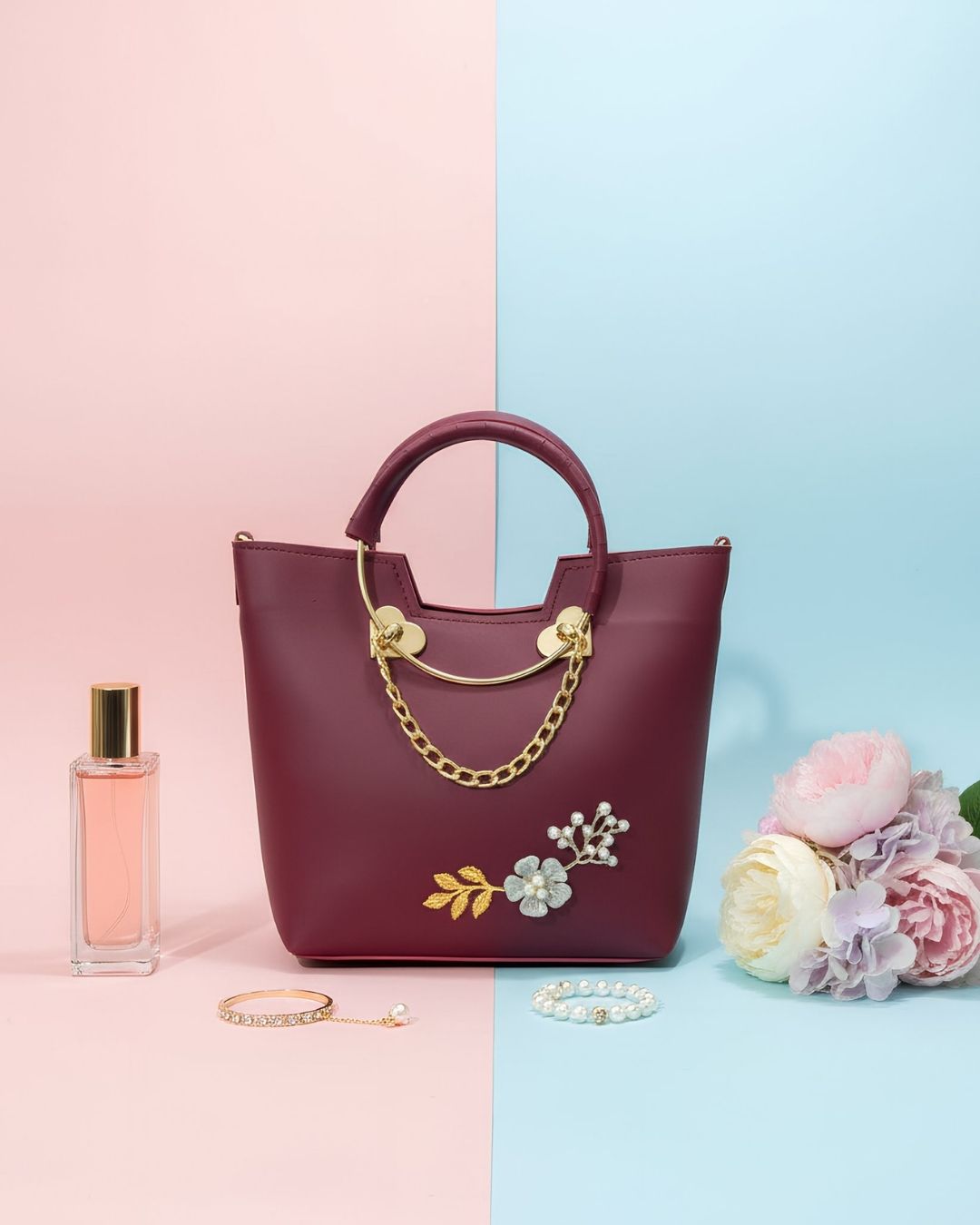 Maroon Pearl-Embellished Rexine Leather Hand Tote for Women