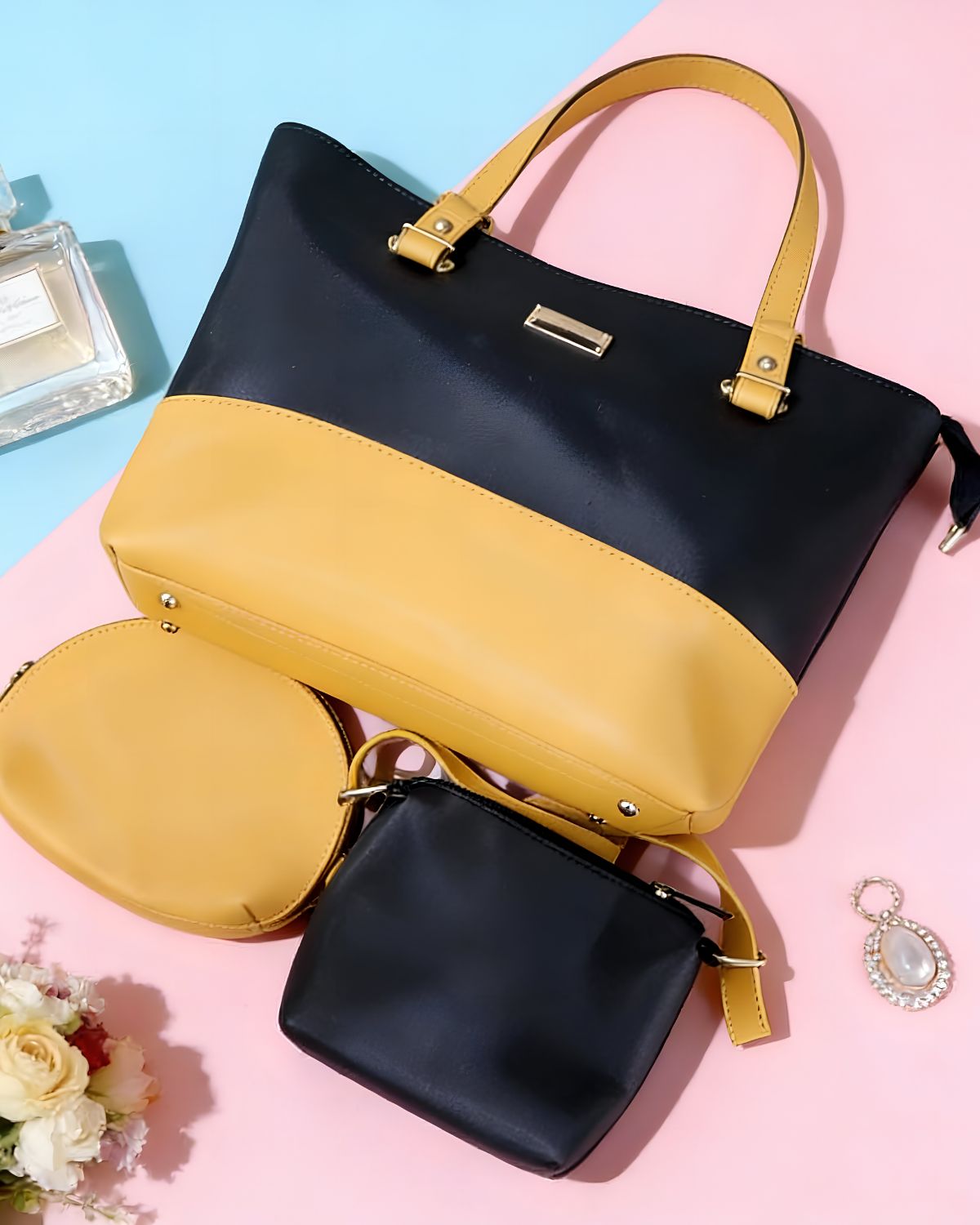 Ideal Black And Yellow 3pc Tote bag