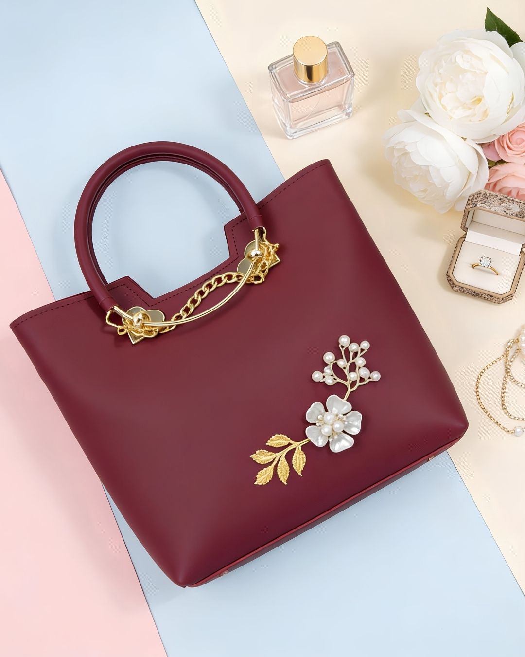 Maroon Pearl-Embellished Rexine Leather Hand Tote for Women