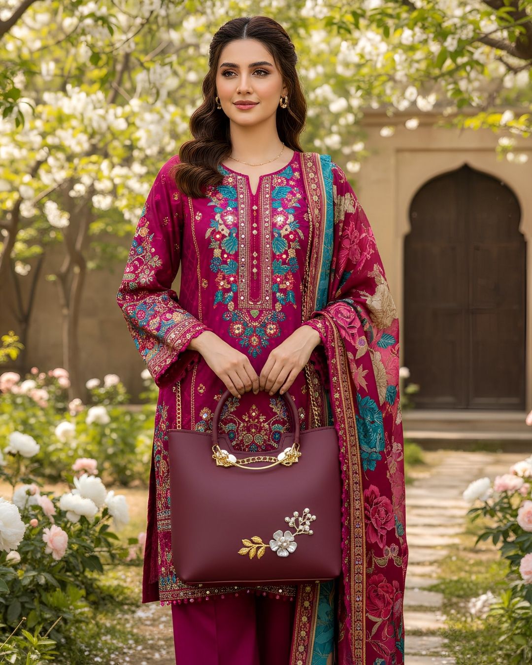 Maroon Pearl-Embellished Rexine Leather Hand Tote for Women