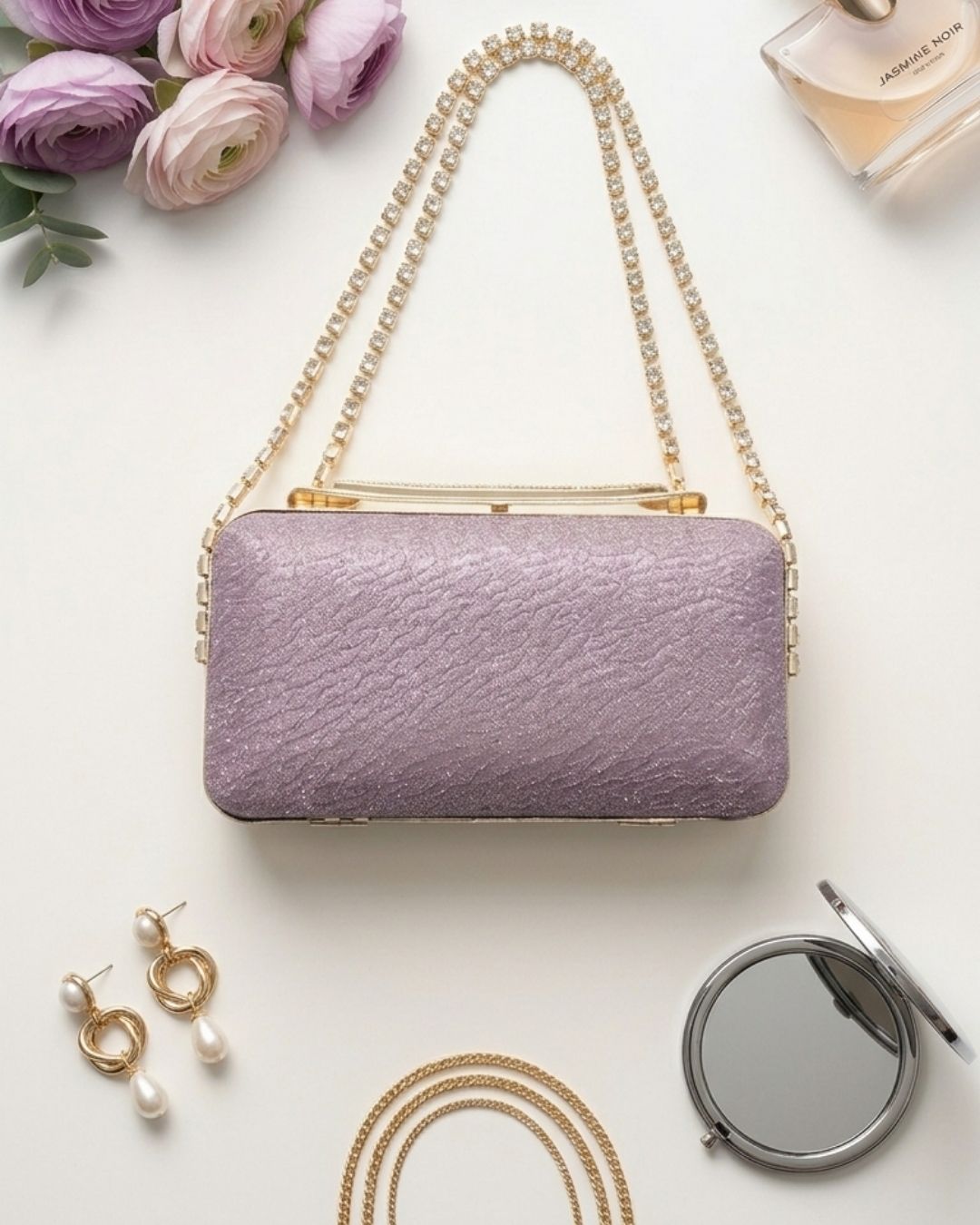 Jeweled Strap Shimmer Clutch