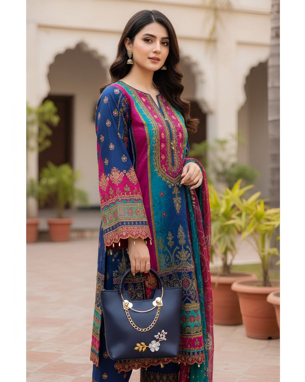 Royal Blue Pearl-Embellished Rexine Leather Hand Tote for Women