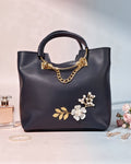 Royal Blue Pearl-Embellished Rexine Leather Hand Tote for Women