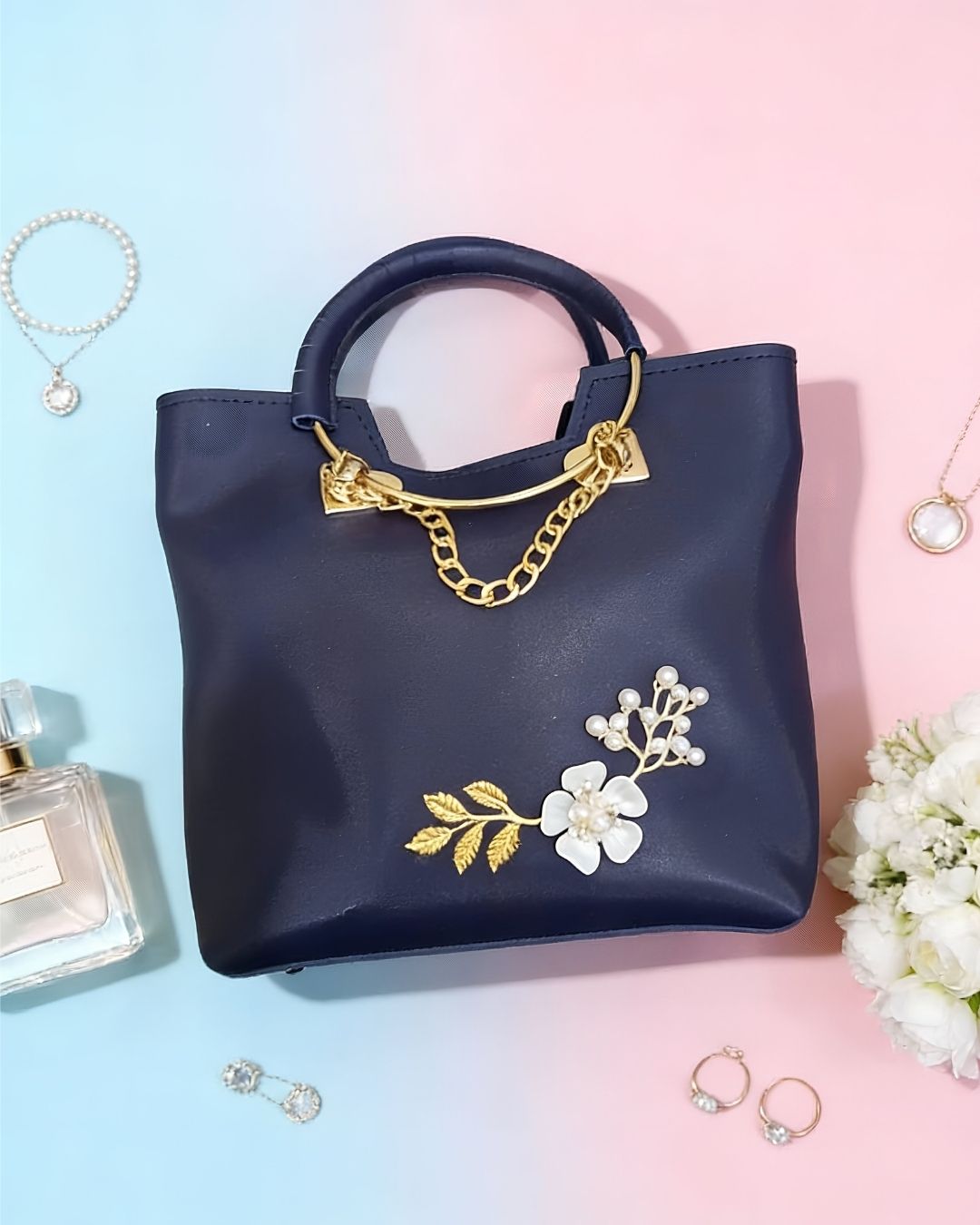 Royal Blue Pearl-Embellished Rexine Leather Hand Tote for Women